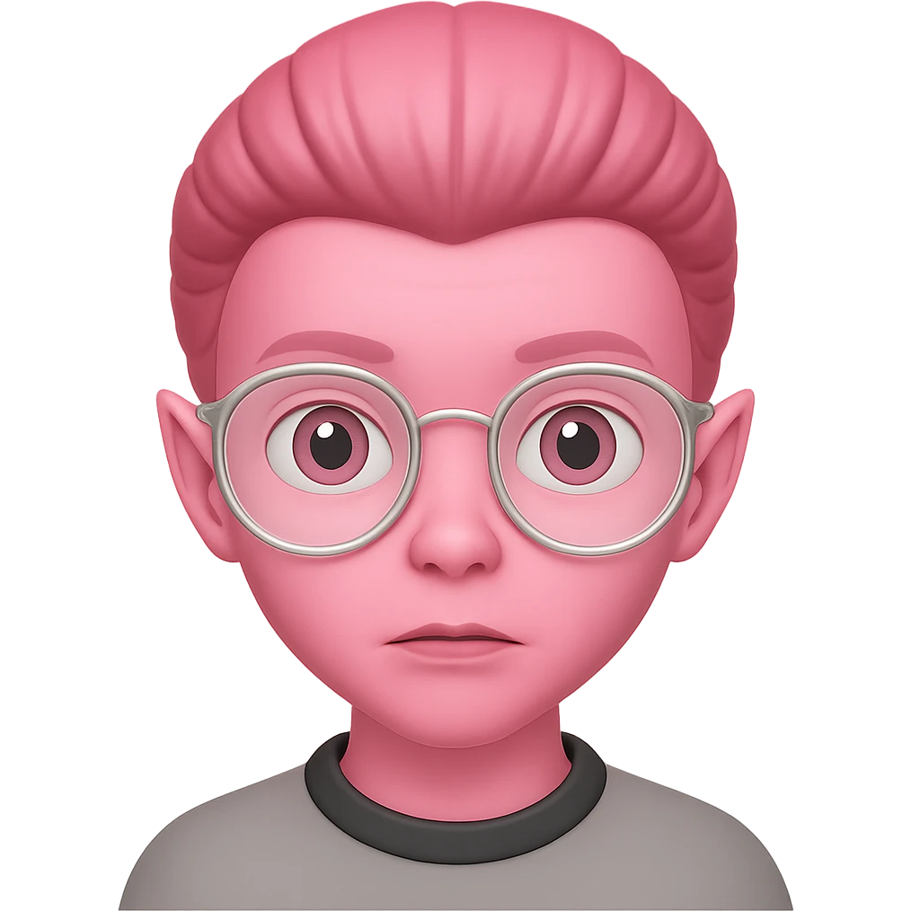 Create an alien with glasses in Apple emoji style with pink skin and no background. The style should mimic Apple emojis. emoji