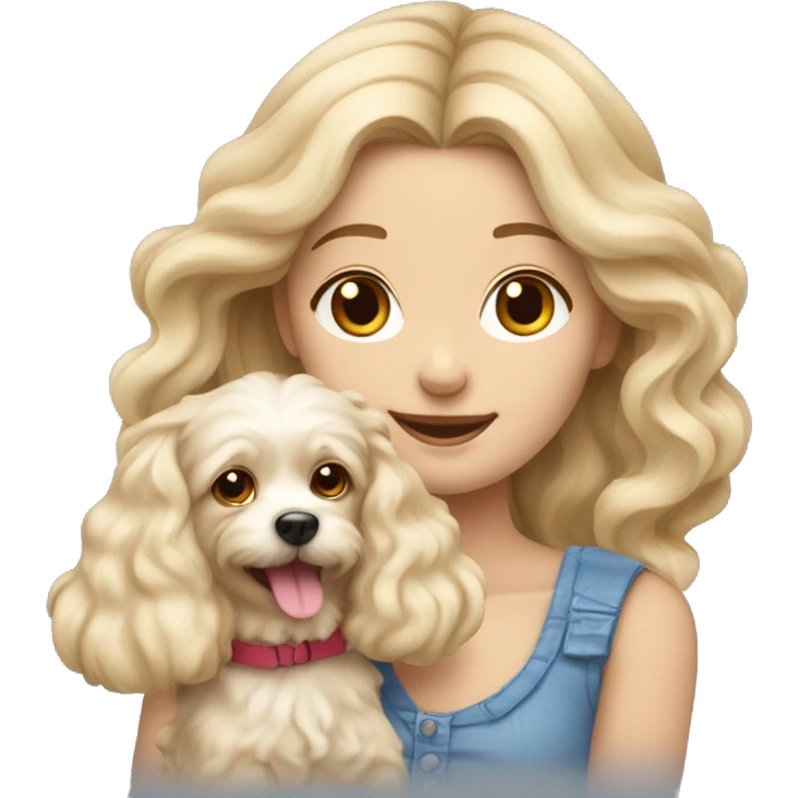 blonde long wavy hair girl holding a cute maltipu dog with short ears wavy fur emoji