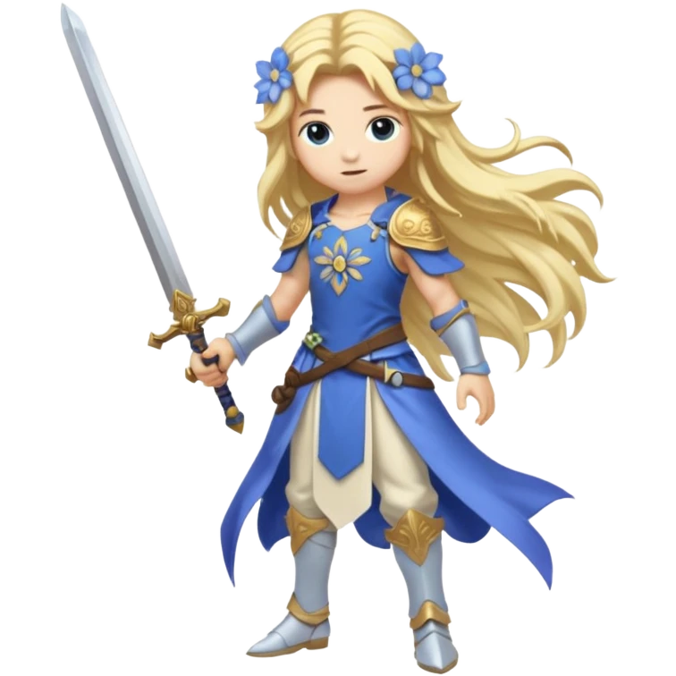 Lumine (from Genshin Impact) White and golden, blonde, long-haired, with a pastel-indigo flower in hair and with a sword (full body) emoji