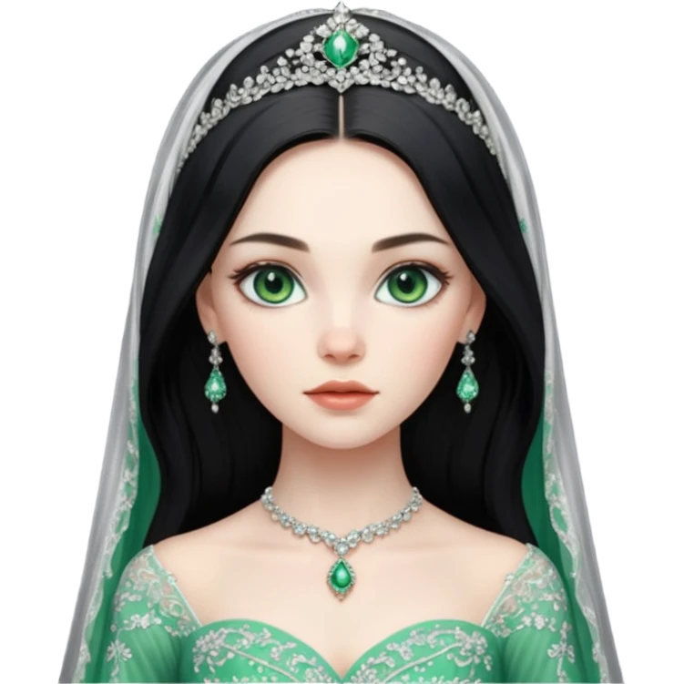 Hyper Realistic ornate ballgown long sleeve Wedding dress with diamanté on Russian bride with pale skin and green eyes and long black hair with veil hyper realistic  emoji