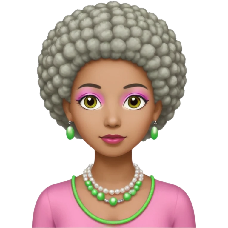 Brown woman with very short gray Afro  wearing pink and green outfit and pearl necklace  emoji