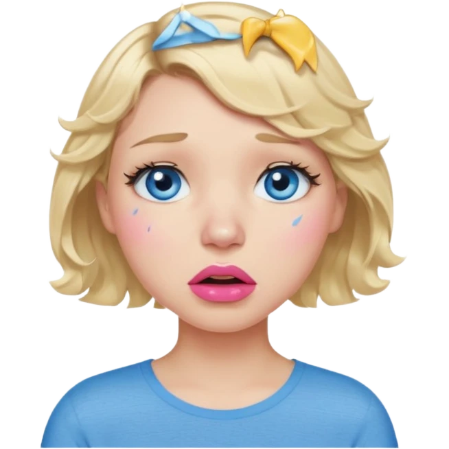 Girl Blonde short wavy hair,  blue eyes, cute blue top, long lashes, pink lips,crying with big tears running down the face  emoji