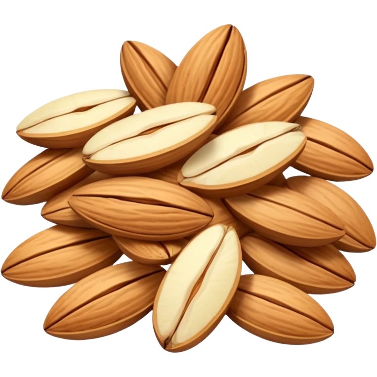 small pile of sliced almonds, thin, ivory to pale gold, natural irregular shapes, soft lighting, subtle shadows, no bowl, no utensils, no faces, transparent background, emoji scale emoji