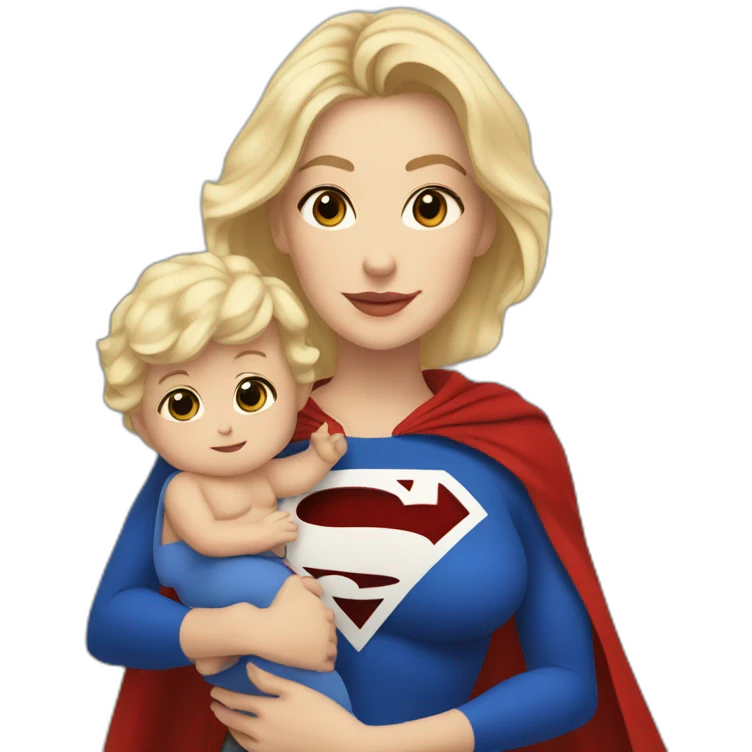 mother white skin with brown hair dressed as Superman with a cape holding a blondbaby emoji