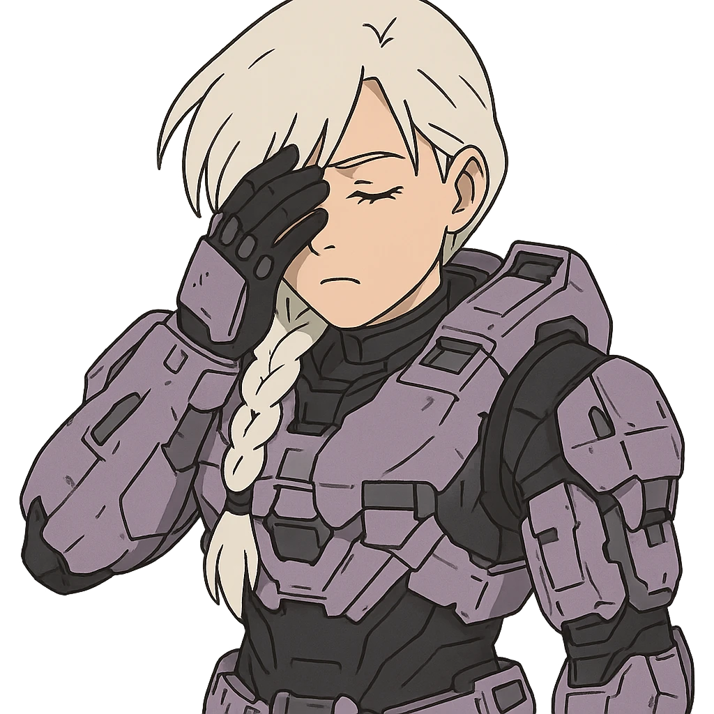 female, wearing reach spartan armor shoulder-unequip, long white braid hair with massive messy front side single bangs, gold yellow eyes, attention pose, HALO:series, no helmet, the armor is lavender color scheme, facepalm, smh, eyes closed emoji