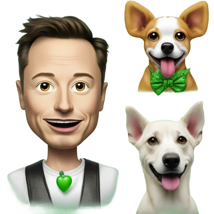 elon musk with a clown face and green nose with a dollar sign on it and puppy dog tongue and ears like an egirl emoji