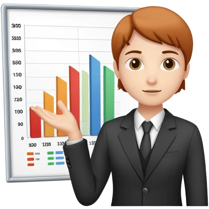 person presenting in front of a simple chart or graph, wearing a blazer and a confident posture emoji