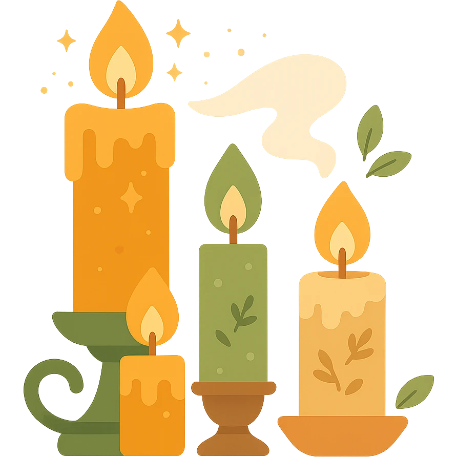 Several cute, glowing candles with flickering flames, set in a cozy and magical atmosphere, designed in a soft color palette: golden orange (FA9B41), deep forest green (4A7C5C), warm taupe brown (96775A), and pastel peach (FFCC9A). The candles are in delicate, slightly vintage holders, with the flames casting a gentle, warm glow. The wax is in shades of golden orange and peach, with subtle gradients, and small decorative patterns or tiny sparkles around them. The soft light from the candles creates a dreamy, enchanting ambiance, surrounded by tiny floating leaves or soft mist. The overall mood is serene, inviting, and magical. emoji