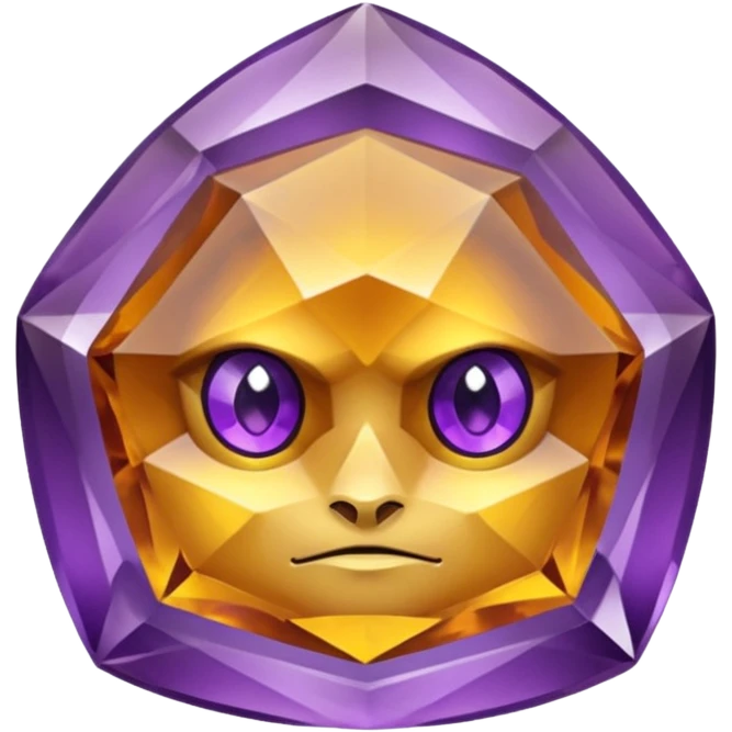 Single gemstone amethyst character, warm golden citrine, squat and heavy like a rock, with carved facets with eyes emoji