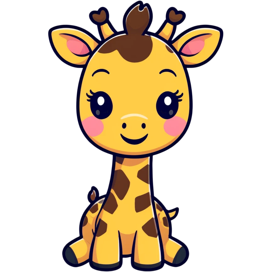 An adorable, blushing giraffe emoji with big, sparkly eyes, a shy smile, and exaggerated rosy cheeks. The design should be ultra-cute, with a rounded face and tiny features. Ideal for 'aww' or 'thanks' reactions in chat. emoji
