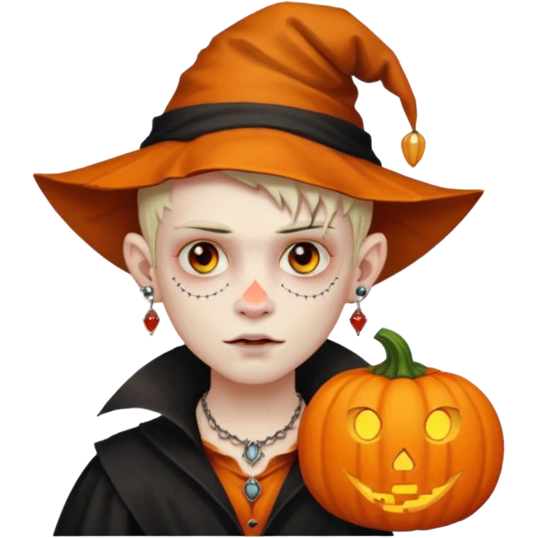 wampire boy with pumpkin hat and face tattooed and extra big earing emoji