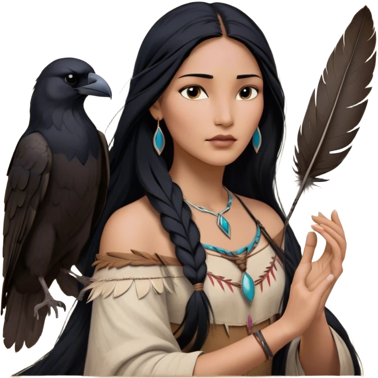 Cinematic Realistic Pocahontas Portrait, depicted with lifelike skin texture, soft natural lighting, and intricately detailed long, flowing raven-black hair that moves gracefully in the wind. Her deep, soulful dark brown eyes exude wisdom and strength, complemented by a serene yet powerful expression. She is shown gently holding a feather in one hand, her other hand resting lightly at her side, embodying the harmonious balance between nature and herself. She is dressed in her classic one-shoulder native American dress, with rich fabric textures and delicate beaded details that catch the light beautifully. The portrait features a soft, sun-kissed glow with a natural, radiant finish, capturing the essence of untamed beauty and deep connection to nature in a realistic and painterly style, evoking a sense of depth and authenticity. emoji
