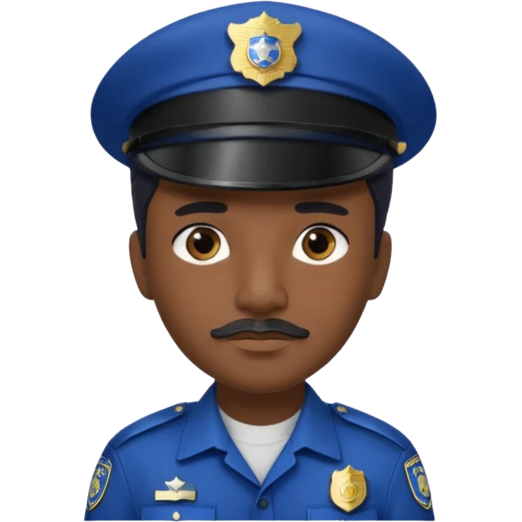A police officer with dark skin tone, wearing a dark blue police cap with a silver badge in the center, short black hair mostly covered by the cap, large brown eyes, a small black mustache, and a neutral expression. emoji