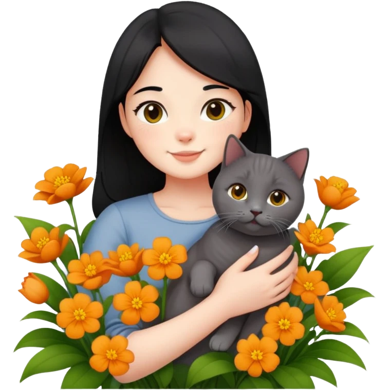 A black-haired girl happily holds a Ginger British Shorthair Cat in the flowers emoji
