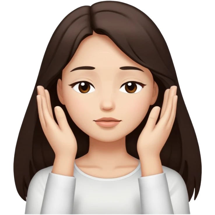 Girl long dark brown hair light medium skin hands lifted eyes closed white top emoji