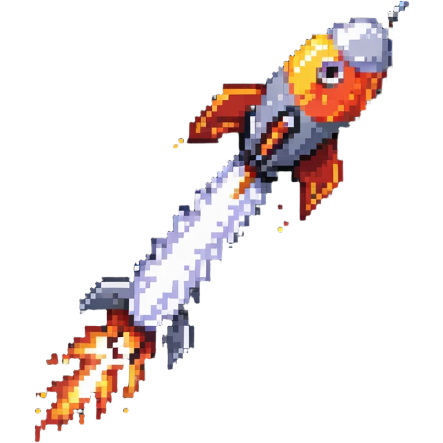 A pixel art rocket launching upward with fire and smoke trail emoji