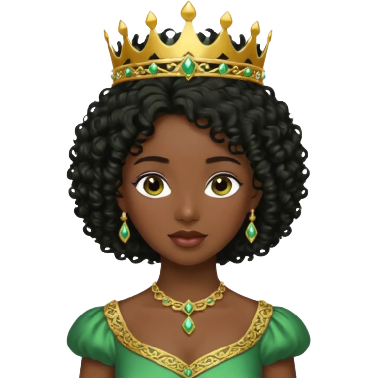 balck princess with black curly hair and a golden tiara. Green dress emoji