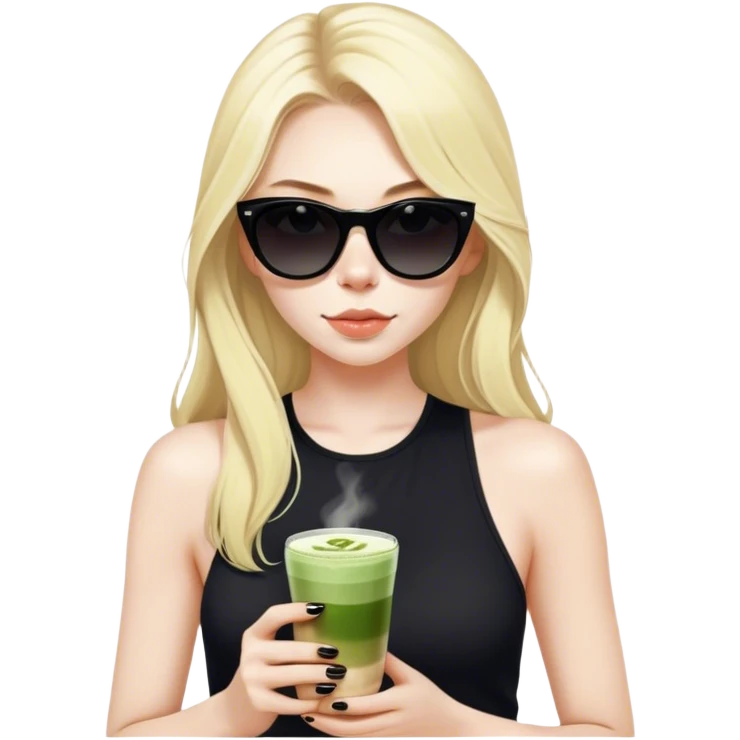 Blonde girl with pale skin and long hair with black cat eye sunglasses in black tank top and matcha latte emoji
