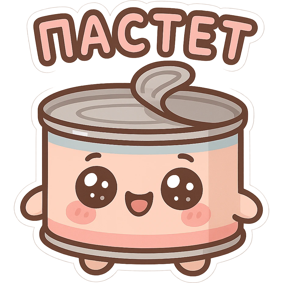 Chibi style cute pâté tin can character, big sparkling eyes, happy smiling face, tiny chubby proportions, kawaii emoji style, thick clean outline, simple shapes, soft pastel colors, flat illustration, transparent or white background, text on top saying "ПАСТЕТ" in bold cute Cyrillic letters, Twitch emote style, readable at small size emoji