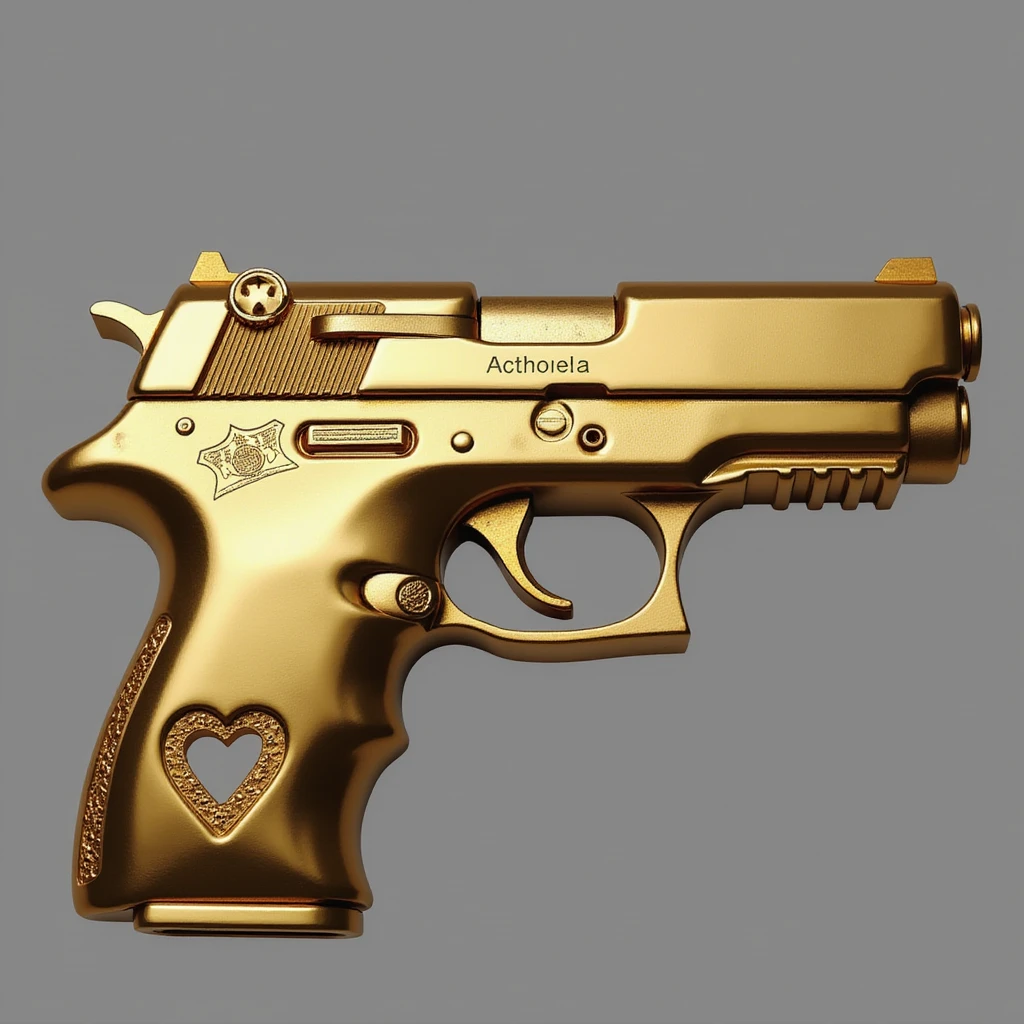 photorealistic gold pistol with a glossy finish, no heart shapes or motifs, white background emoji