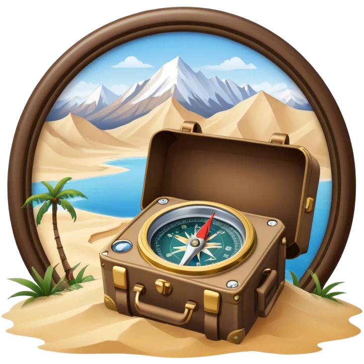 Icon for Expeditions: a compass, a map, a backpack and a rugged expedition jeep, set against a backdrop of snowy mountains, sand dunes and tropical islands. The icon should capture the spirit of adventure and exploration in diverse landscapes. Transparent background. emoji