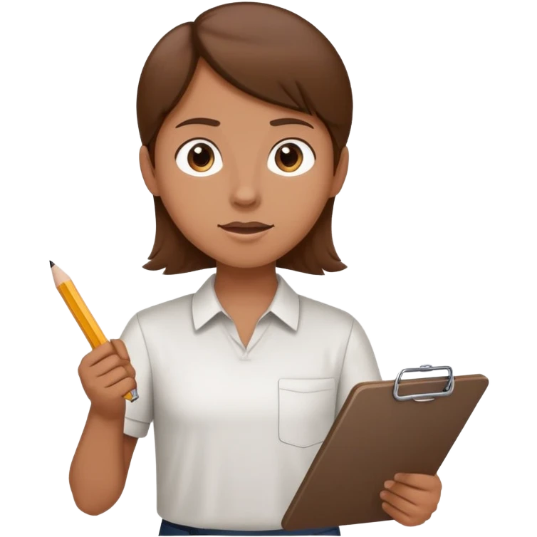 Intern or volunteer with brown hair holding a clipboard and pencil, ready to take notes or assist. The character wears a simple shirt and has an eager posture emoji