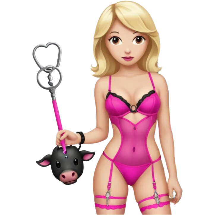 Dominatrix with blonde hair in hot pink lingerie with stockings, holding a black bull whip and a house key emoji