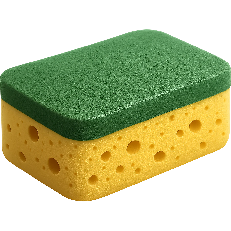 Show only one rectangular kitchen sponge with rounded edges. Dual-layer: soft, porous yellow base and green scrub layer on top. Texture is slightly springy and detailed, with tiny holes and surface grain. No soap, water, hands, or background elements, no faces. Clean, natural 3D rendering, soft lighting, subtle shadows, transparent background, emoji scale, optimized for clarity, texture, and recognizability at small size. The style should be clean and natural 3D rendering with soft lighting and subtle shadows, optimized for emoji scale. emoji