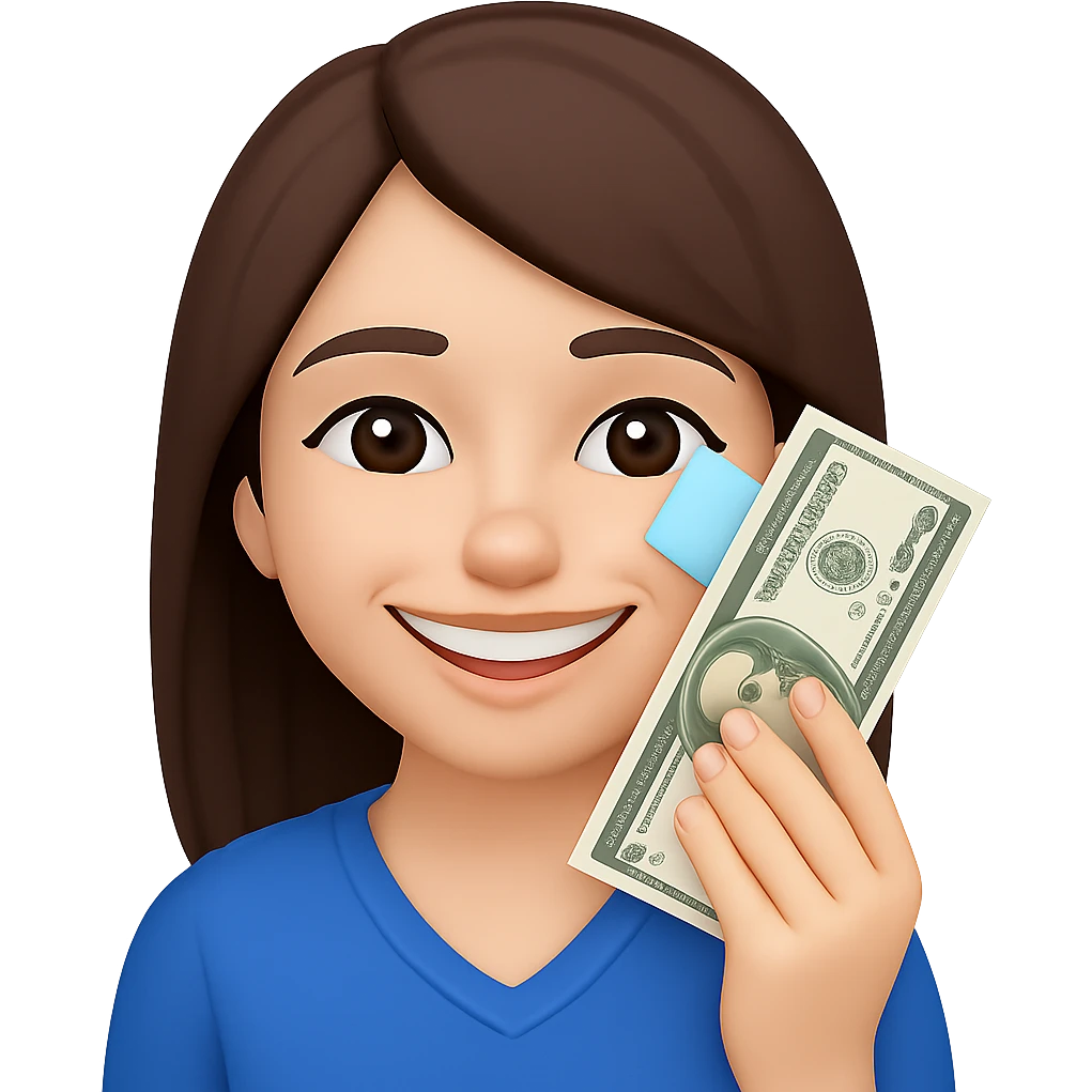 Make the brunette girl smile instead, drying her tears with money bills, close-up, in emoji style, no background. emoji