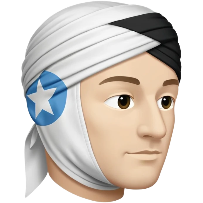 Un drapeau blanc avec au centre une tête de Maure (un homme noir) de profil, tournée vers la gauche avec : 	•	Un bandeau blanc ou serre-tête noué autour du front, 	•	Les traits du visage bien visibles (nez, lèvres, oreille),  emoji