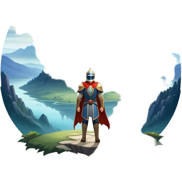 An icon featuring a hero with a closed visor, standing in a majestic, mystical landscape, inspired by RPGs like Elden Ring. The design includes a stunning, ethereal background with towering castles and distant mountains, symbolizing the adventure and mystery. Transparent background emoji