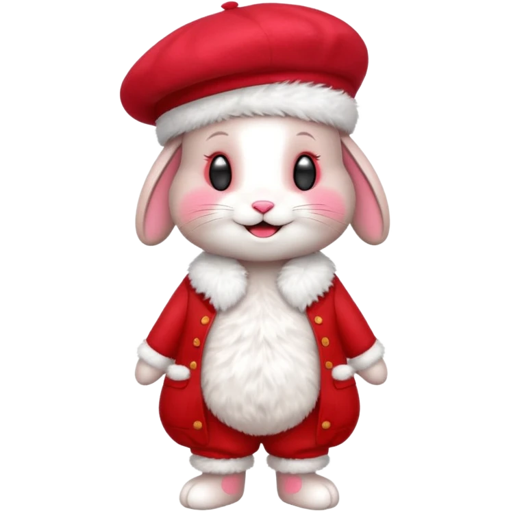A cute full-length bunny smiley face standing on the side, wearing a stylish red beret. emoji