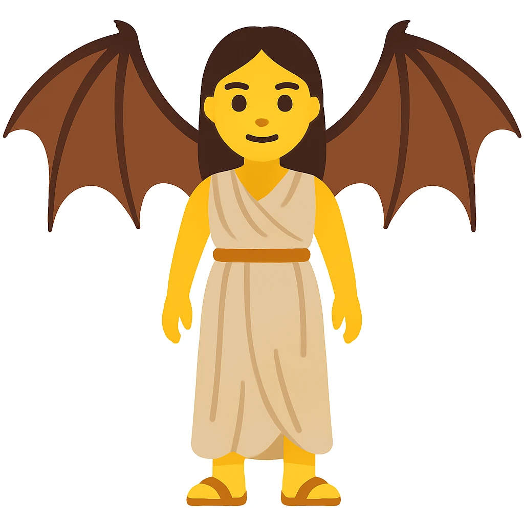 Convert this exact woman to a normal emoji style. Keep her ancient ordinary outfit and add realistic dragon wings. The style should resemble classic apple style emojis with simple and concise features, but maintain the outfit and wings details clearly. emoji
