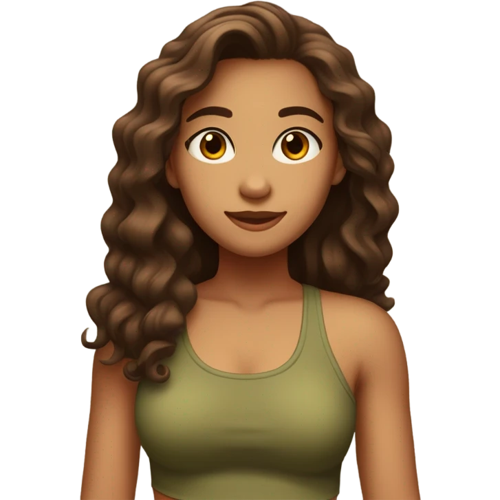Girl wearing a tight tank top with a bra underneath she had wavy brown hair that goes half the way down her back she has olive skin and brown eyes emoji