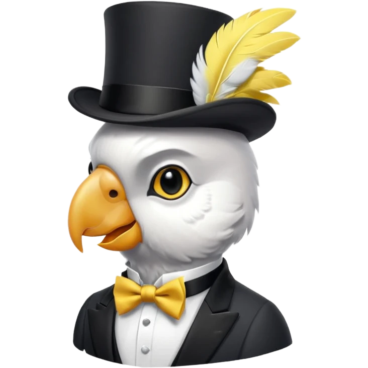 A cockatoo dressed in a tuxedo and a top hat emoji