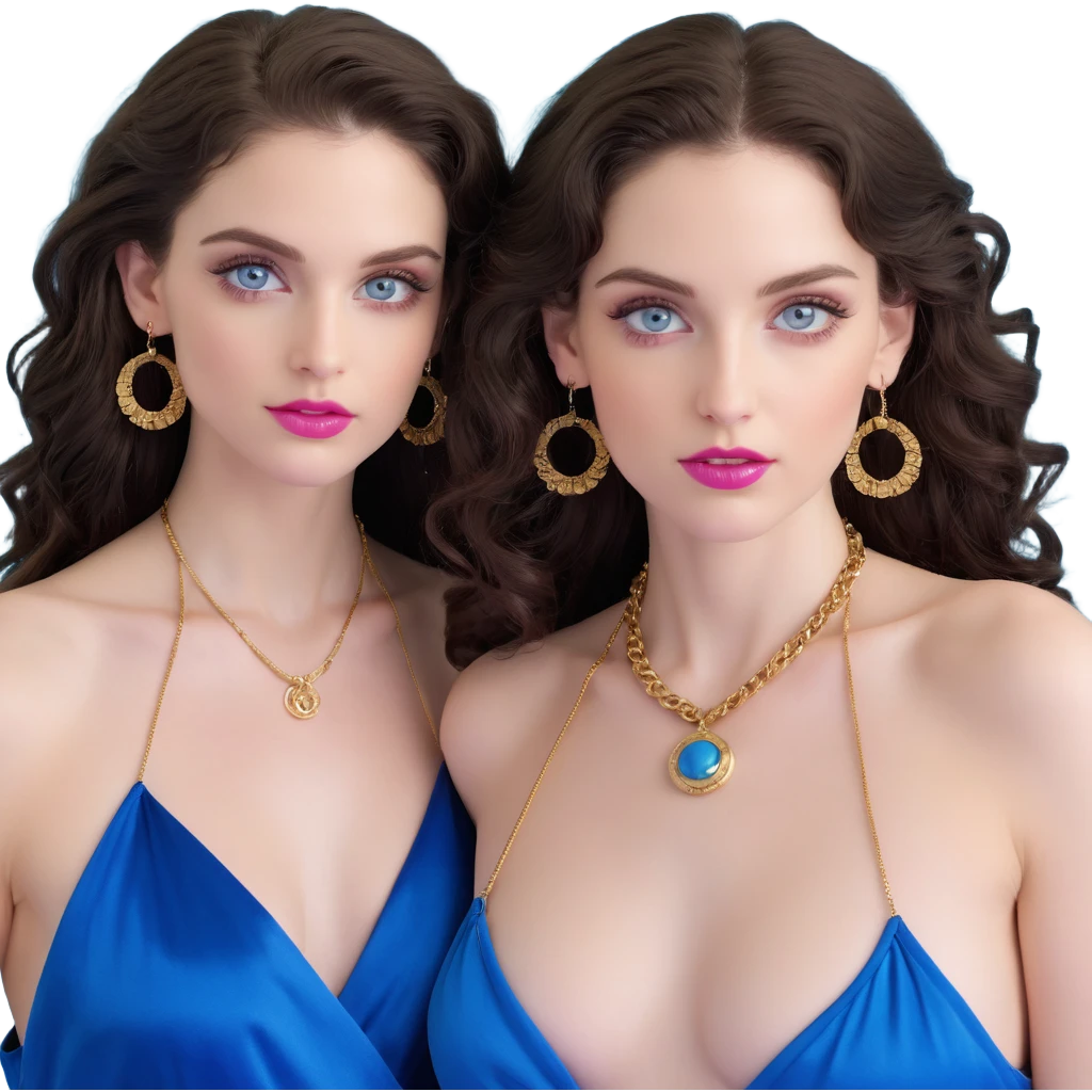 attractive couple with baddie energy, woman with big blue-grey eyes, long lashes, pale skin, pink lips, long voluminous dark brown curls, gold hoop earrings, revealing silky halter top next to handsome man with intense blue-grey eyes, chiseled features, pale skin, confident smirk, dark brown styled hair, gold chain, revealing open shirt emoji