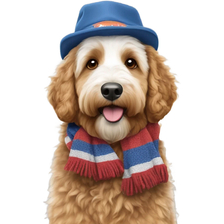 Bernedoodle with tennessee smokies hat and scarf emoji