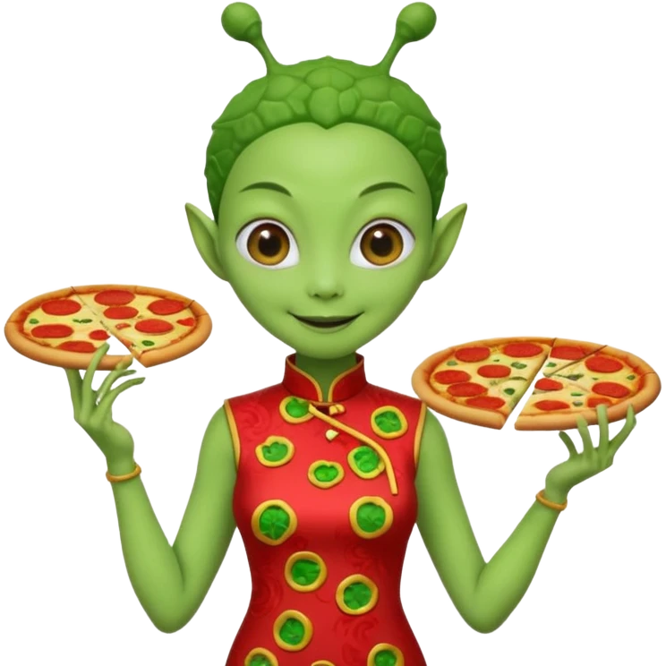 alien, wearing cheongsam, with pizza emoji