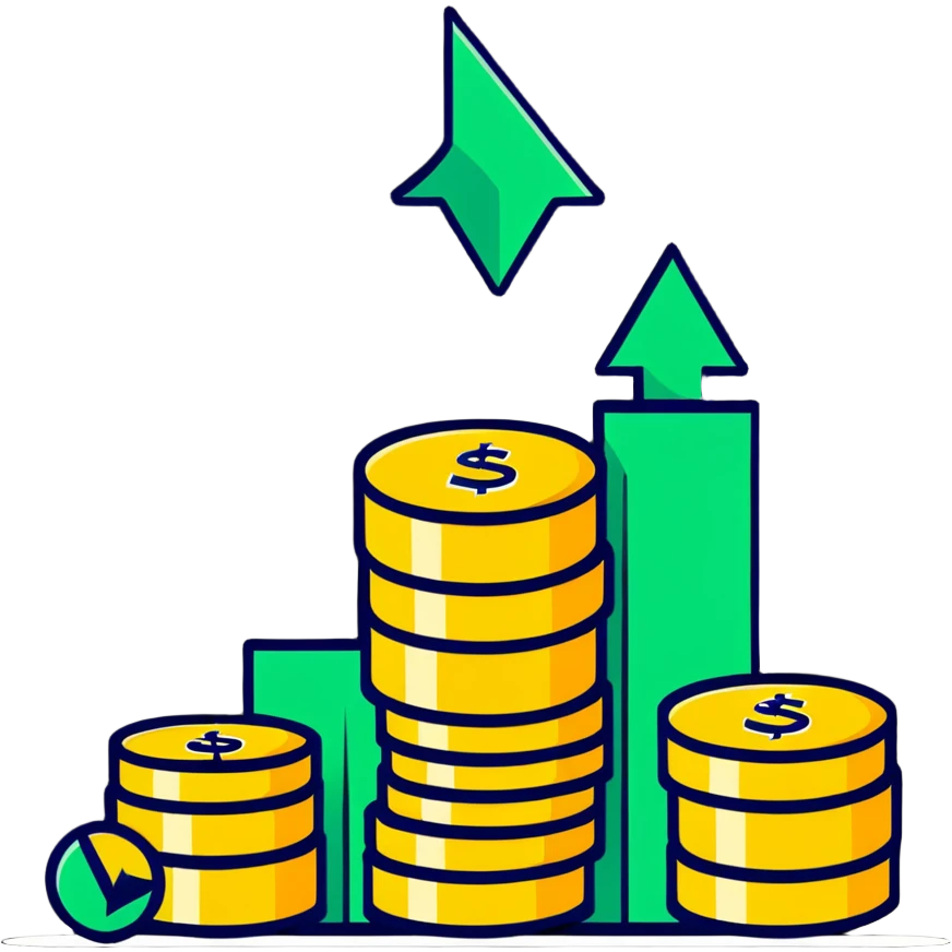 green upward arrow next to three stacks of gold coins in ascending height emoji