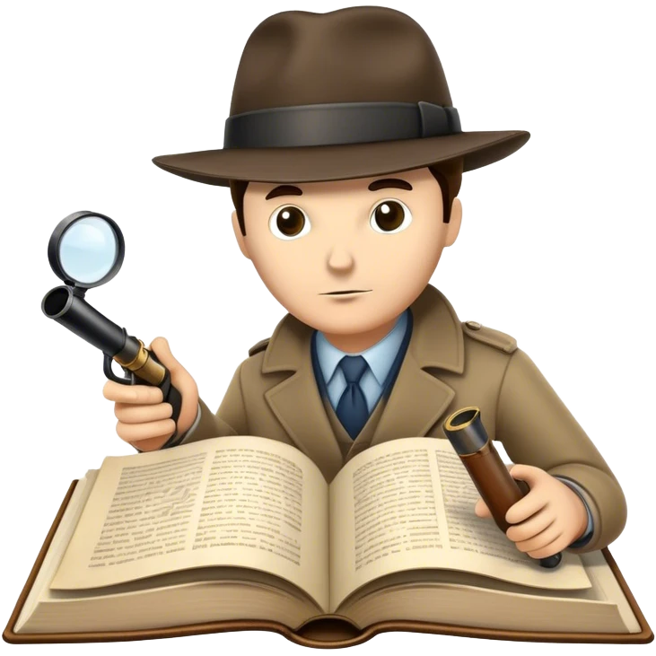 Icon for Detective Reading: an open book with text and a magnifying glass on the pages, a classic detective hat and a pipe, surrounded by clues like footprints, a revolver and a notepad. The icon should represent the mystery and intrigue of detective stories. Transparent background. emoji