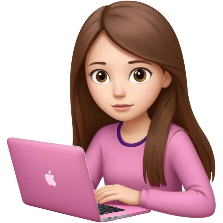 Chica lacia peli larga y peli larga  en una MacBook rosa investigando y haciendo tareas con un libro de apuntes y con cara muy linda como modelo emoji