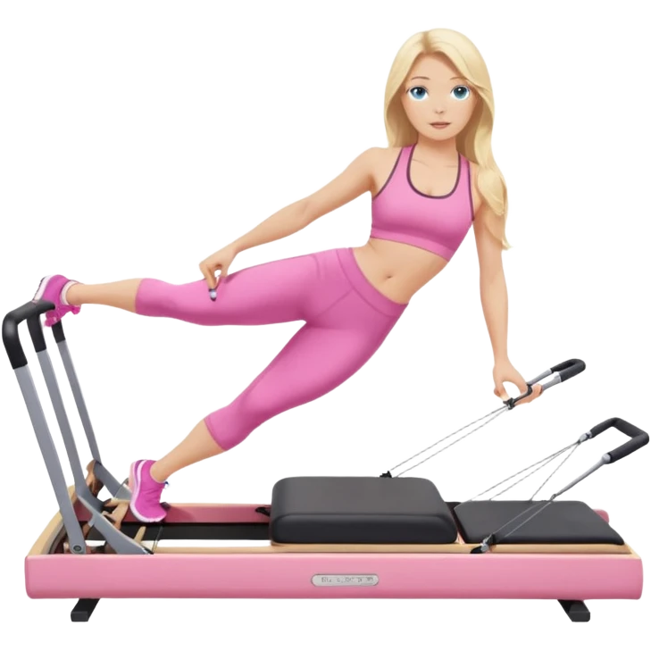  long blown out blonde hair woman blue eyes wearing pink workout set doing pilates reformer emoji