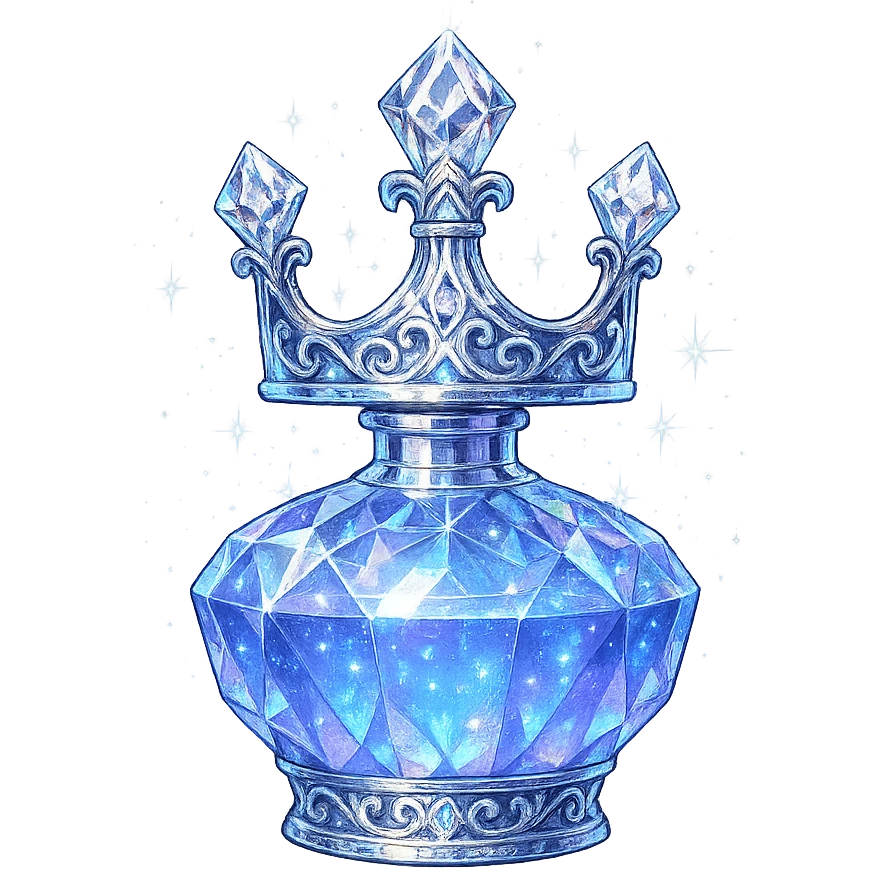 crown-shaped ultra luxurious elixir bottle, color #7986cb, multi-layered holographic and silver details, intricate crystal facets, magical radiant glowing and sparkling effects, seamless ornate bottom, very small neck, transparent background, floating clearly in air, not standing, no base or shadow, modern, extremely beautiful, matching a collection emoji