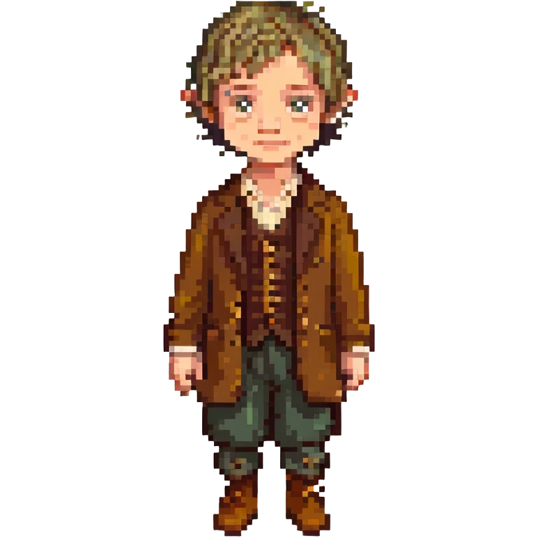 Whole body image of bilbo baggins from the hobbit movie in pixel art style. Bilbo is younger. Make Bilbo look like the actor that portrayed him in the movie, Martin Freeman. Bilbo is wearing the same outfit he was wearing when he left the shire with Thorin Oakenshield. emoji