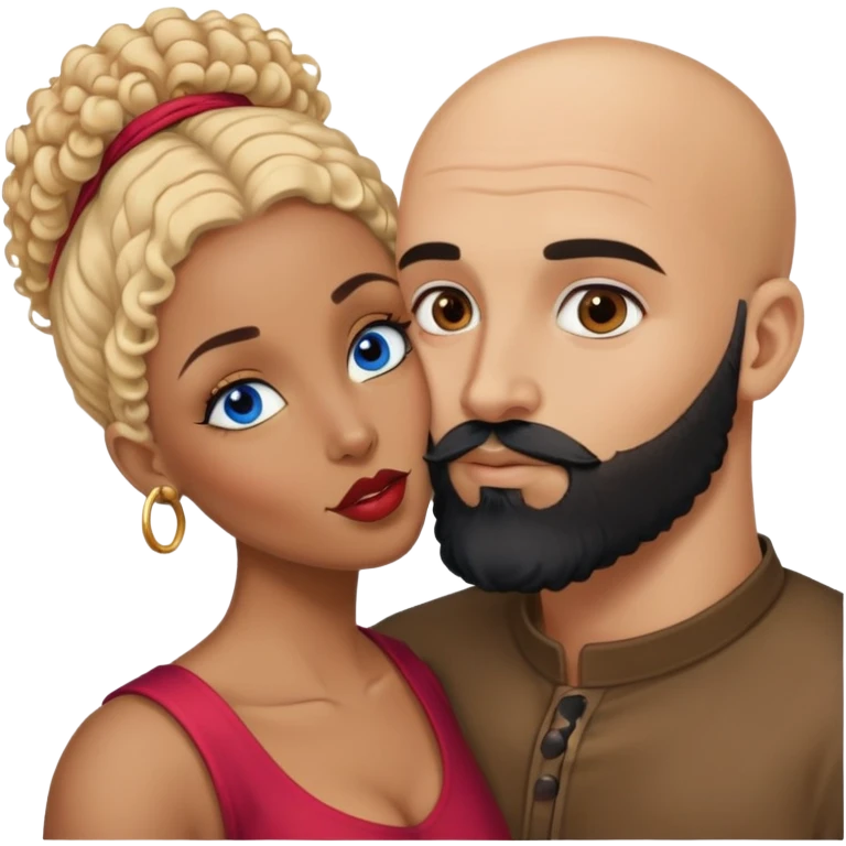 bald head man with brown eyes and black beard kissing African woman with blue eyes and curly blonde hair emoji