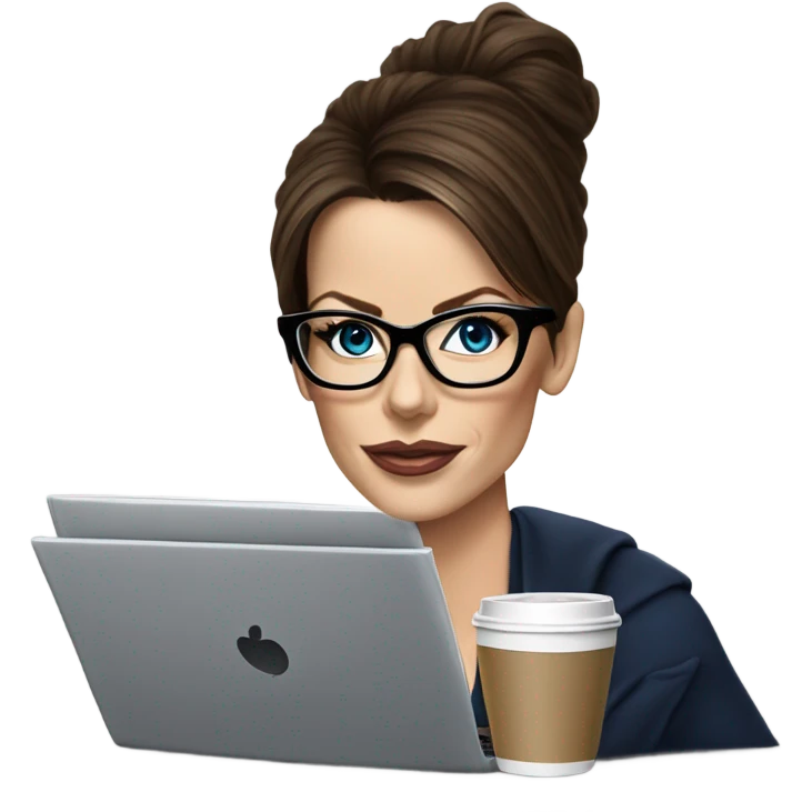 Hyper Realistic Kate Beckinsale dark blue eyes wearing glasses drinking coffee at a laptop  emoji