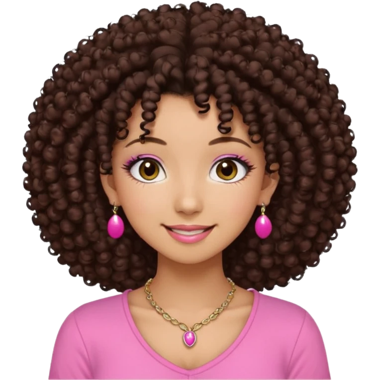 Naturally tan skin girl short darkBrown curly afropink shirt long lashes earrings necklace Brown eyes gyaru smiling closed mouth cute emoji