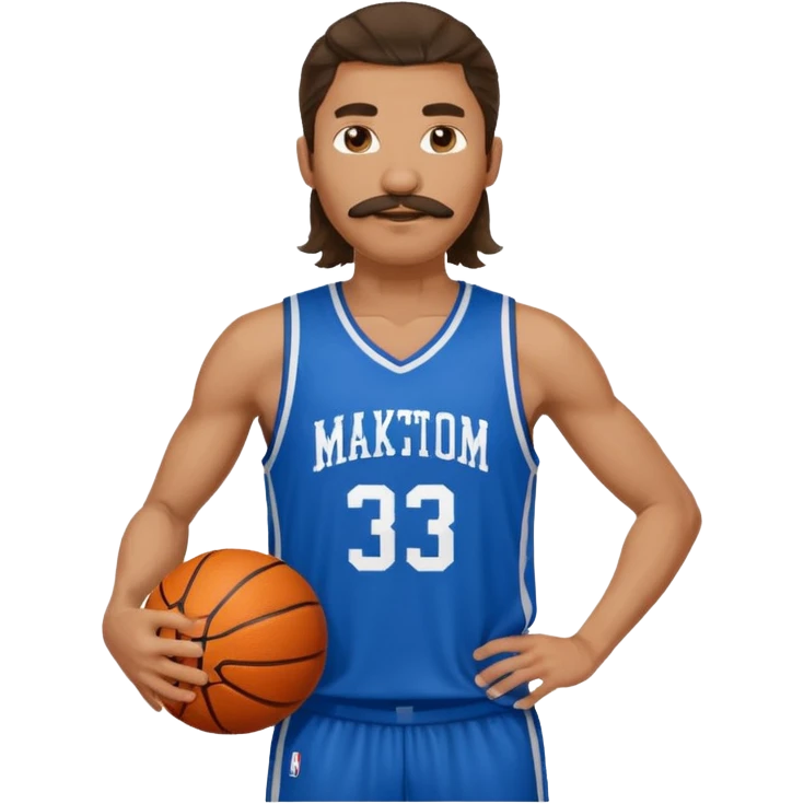 long haired man basketball player blue jersey with mustache holding basket ball emoji