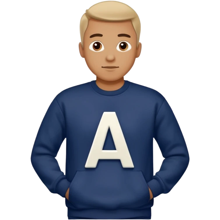 man wearing a navy sweatshirt with a giant white letter A on the upper right of the chest emoji