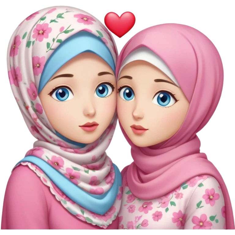 Two Turkish beautiful finish Konya friendly girls blue eyes with pink floral hijab and heart dress and Scattering kisses outside  emoji